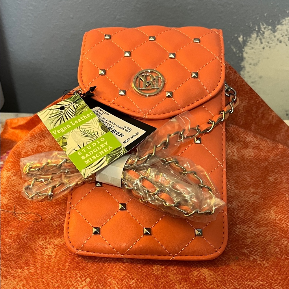 Badgley Mischka Orange Studded Crossbody Bag with Clear Phone Pocket